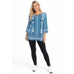 Women's Sunny Leigh Tunic Top S Blue Green Geometric 3/4 Sleeve